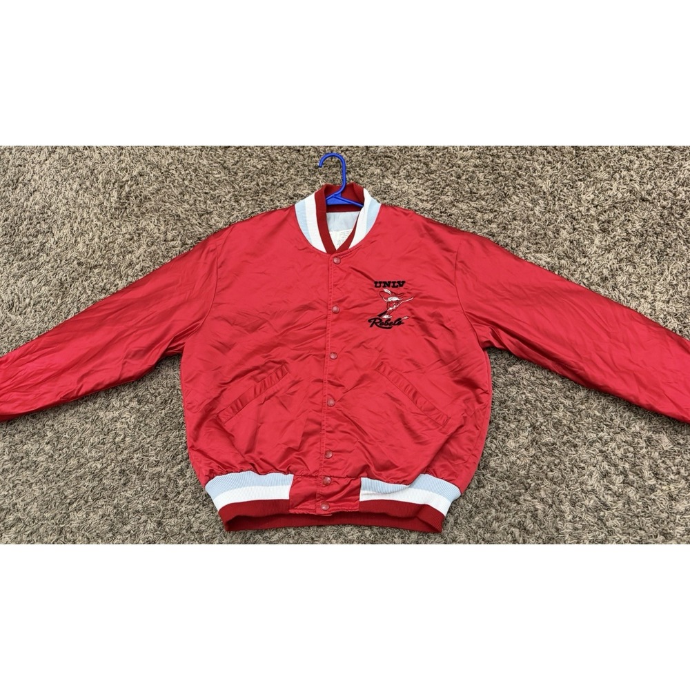 Vintage DeLong UNLV Satin Bomber Jacket Snap Up Embroidered Red Mens Size Large